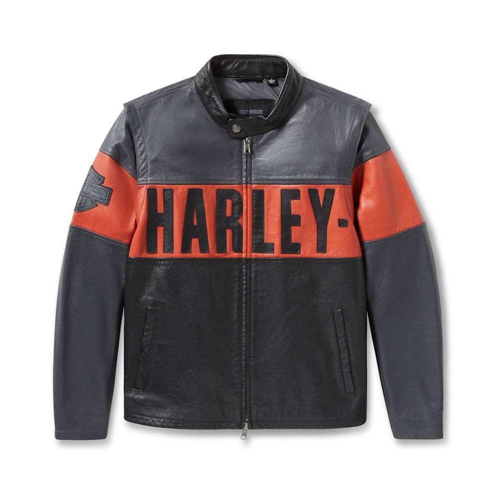 Men’s convertible cowhide leather motorcycle jacket with orange contrast chest panel.