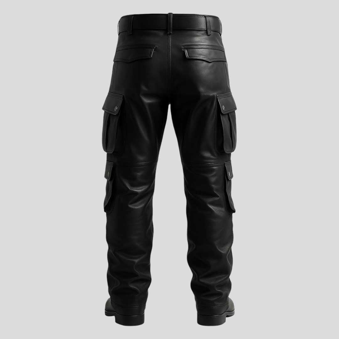 Genuine leather cargo pants for men with multiple pockets