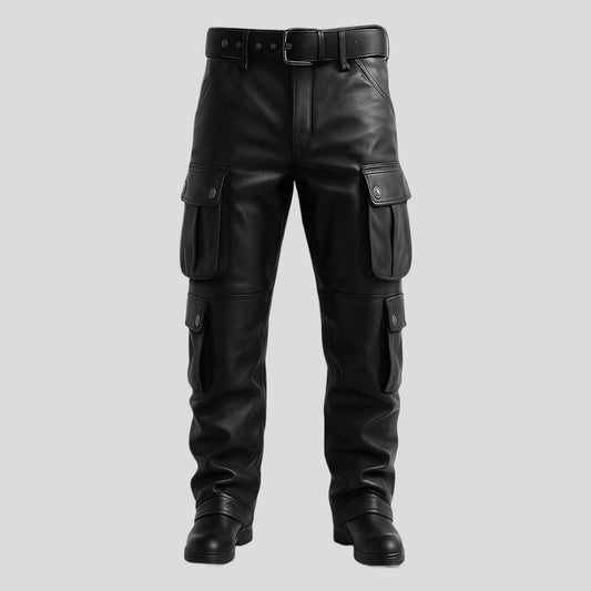 Mens cowhide leather cargo pants tactical biker style black - 3amoto shop