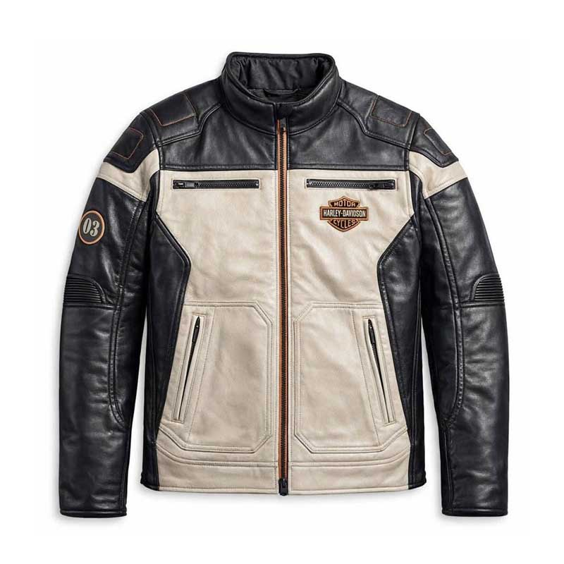 Men's Harley-Davidson Windale cream and black colorblock leather jacket.