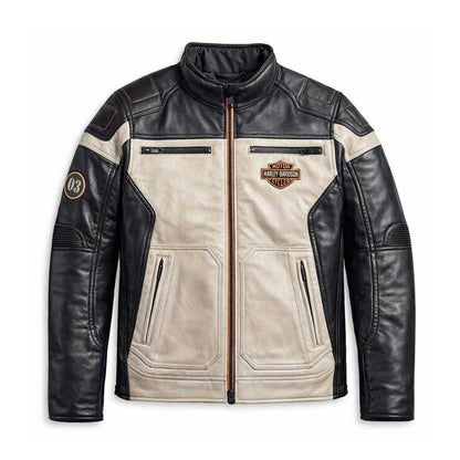 Men's Harley-Davidson Windale cream and black colorblock leather jacket.