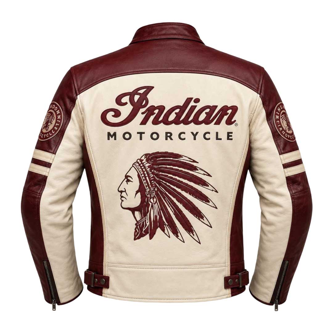 Front detail of cream and burgundy vintage motorcycle leather jacket for men