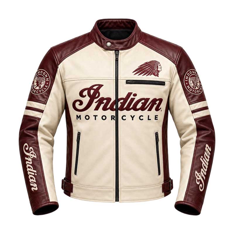 Men’s cream and burgundy embroidered cowhide leather biker jacket front view
