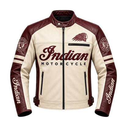 Men’s cream and burgundy embroidered cowhide leather biker jacket front view