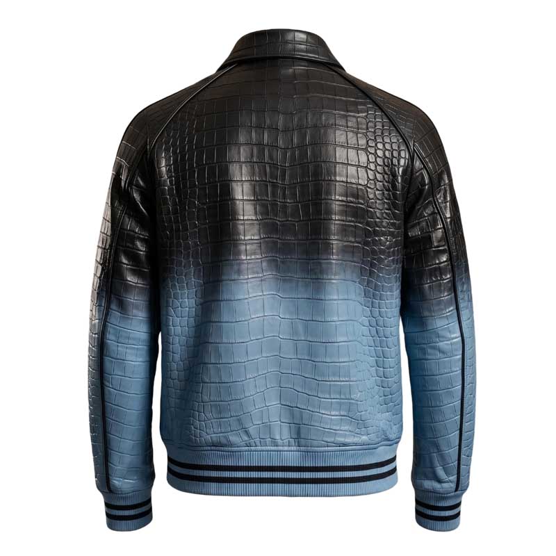 Black-to-blue ombre genuine cowhide leather bomber jacket for men