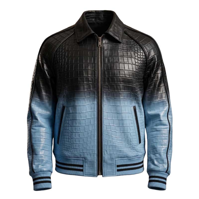 Men’s black and light blue crocodile embossed leather varsity jacket front view