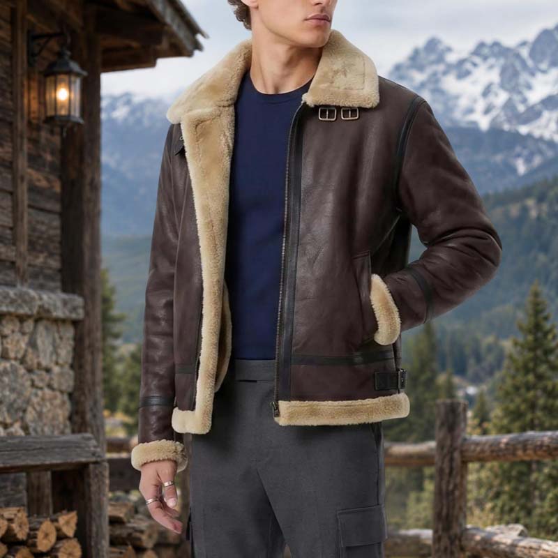 Men's dark brown leather-look jacket with shearling-style collar
