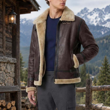 Men's dark brown leather-look jacket with shearling-style collar