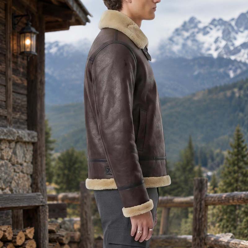 Brown aviator bomber jacket with full-length front zipper