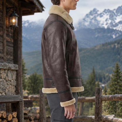 Brown aviator bomber jacket with full-length front zipper