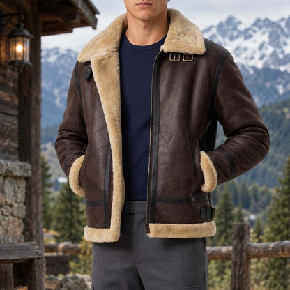 Men's dark brown aviator jacket with contrasting cream collar