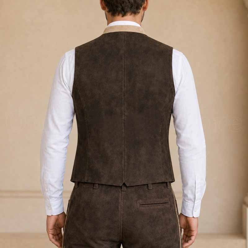 Genuine suede Bavarian waistcoat for men with contrasting stand-up collar