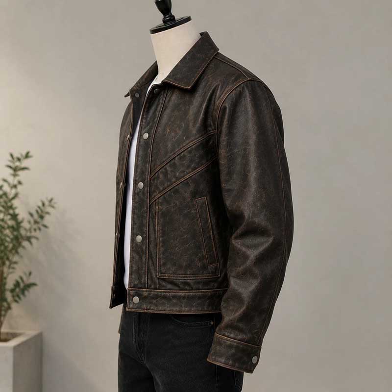 men's dark brown vintage jacket with classic pointed collar.