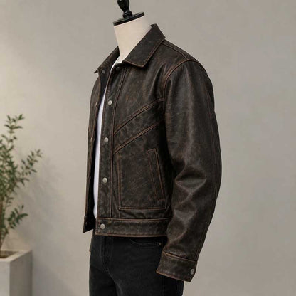men's dark brown vintage jacket with classic pointed collar.