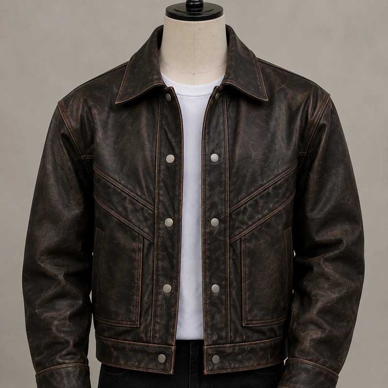 Men's dark brown vintage Western trucker jacket with distressed leather-look finish.