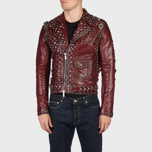 Men's Designer Studded Red Leather Motorcycle Jacket