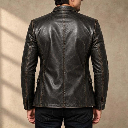 Men's black vintage blazer with subtle brown distressed undertones