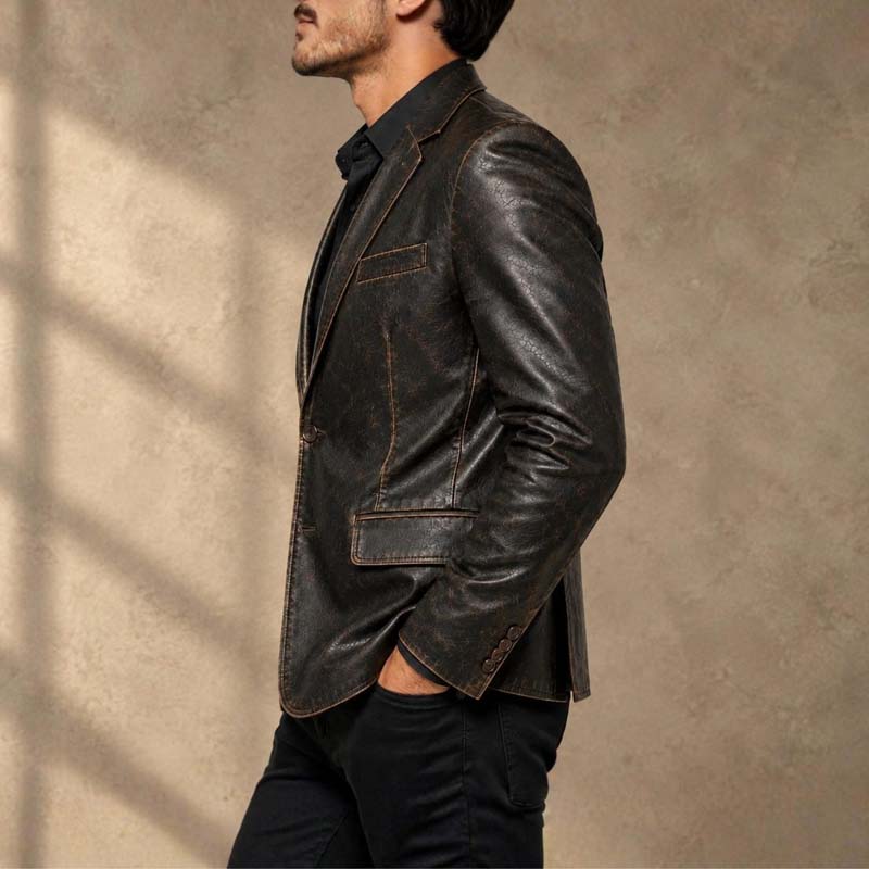 Classic men's distressed black blazer with notched lapel collar