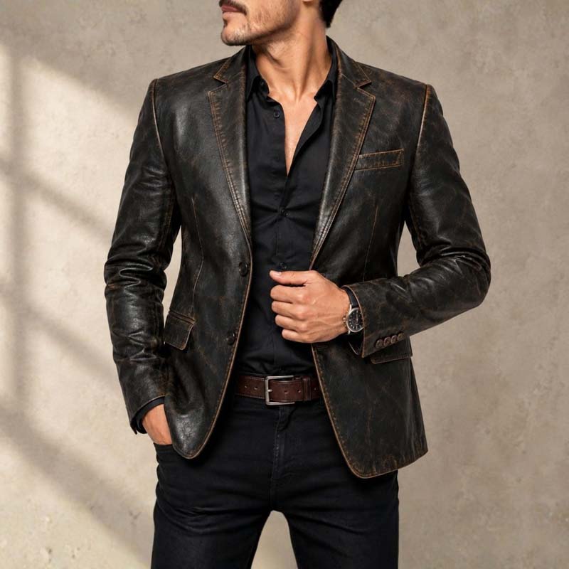 Men's distressed black leather-look blazer with vintage retro finish