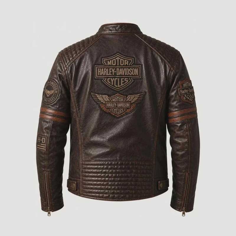 distressed brown Harley-Davidson leather jacket with chest patches and zippered pockets.