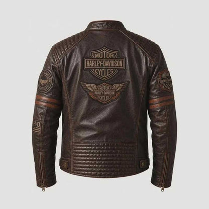 distressed brown Harley-Davidson leather jacket with chest patches and zippered pockets.