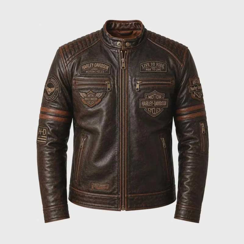 Men's Harley-Davidson vintage distressed brown leather motorcycle jacket with embroidered patches.