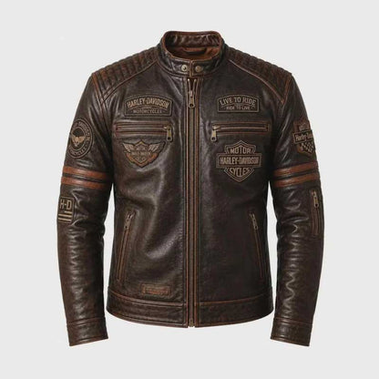 Men's Harley-Davidson vintage distressed brown leather motorcycle jacket with embroidered patches.