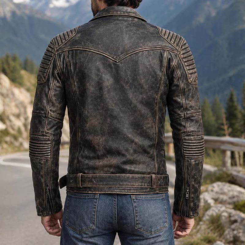 Vintage brown motorcycle jacket with asymmetrical front zipper