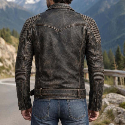 Vintage brown motorcycle jacket with asymmetrical front zipper