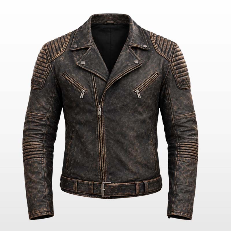 Men's brown biker jacket with quilted sleeves and snap-button lapels