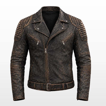 Men's brown biker jacket with quilted sleeves and snap-button lapels