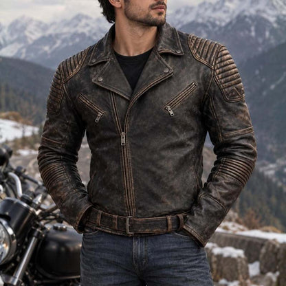Men's distressed brown leather-style biker jacket with quilted shoulders
