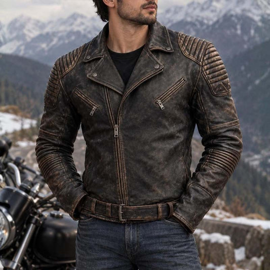 Men's distressed brown leather-style biker jacket with quilted shoulders - 3amoto shop