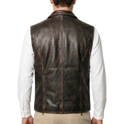 Handmade brown leather cowboy waistcoat with four front pockets