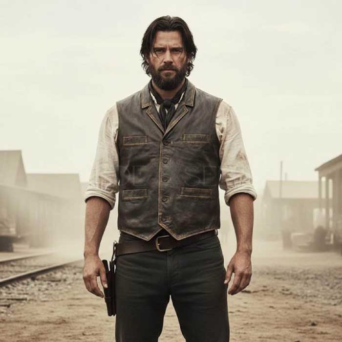 Men's Western leather vest with two chest and two waist pockets
