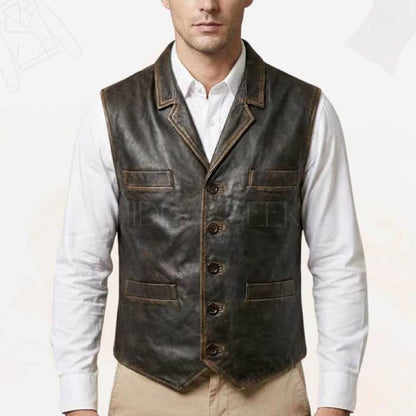 Men's distressed brown genuine leather Western vest with lapel collar