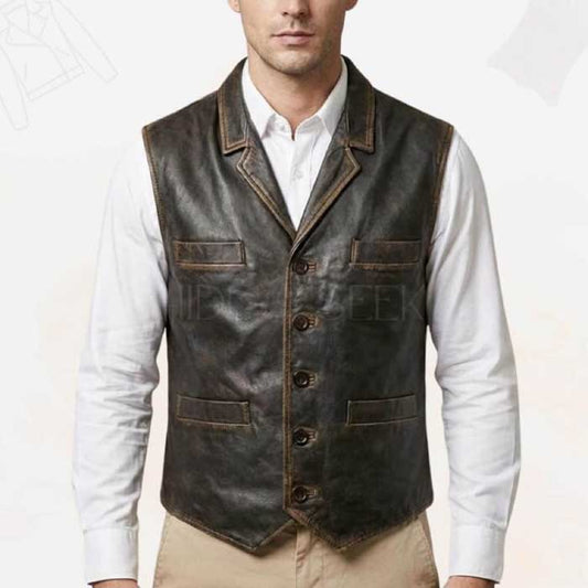 Men's distressed brown genuine leather Western vest with lapel collar - 3amoto shop