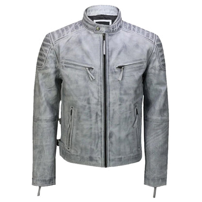 Men's Distressed Leather Cafe Racer Biker Motorcycle Jacket