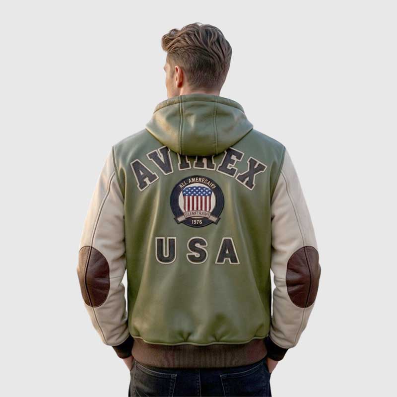 Genuine cowhide leather varsity bomber hoodie for men.