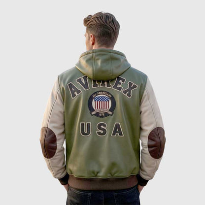 Genuine cowhide leather varsity bomber hoodie for men.