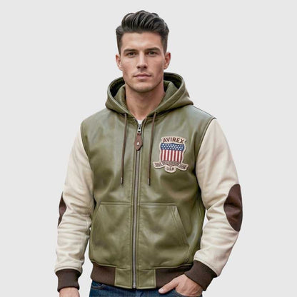 Men's genuine cowhide leather hoodie with an Avirex-inspired racing aesthetic.