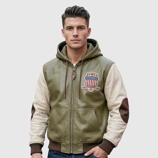 Men's genuine cowhide leather hoodie with an Avirex-inspired racing aesthetic. - 3amoto shop