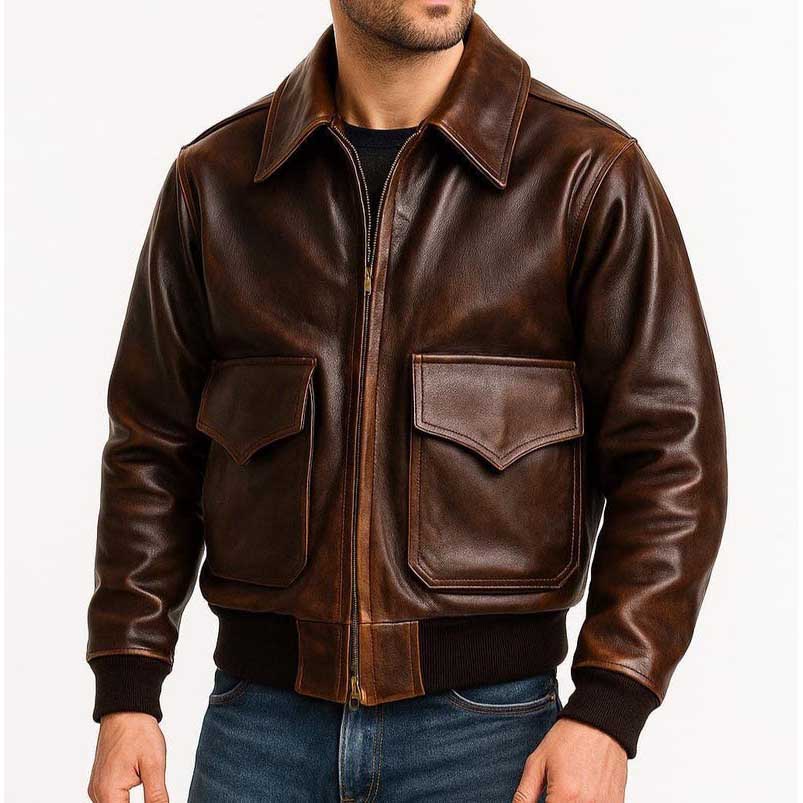 Men's brown and black genuine leather bomber jacket