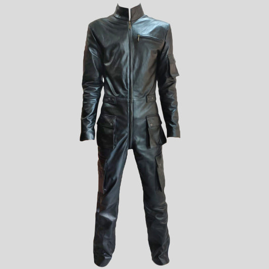 Men's Genuine Leather Catsuit Black Bodysuit - Fashion Leather Jackets USA - 3AMOTO