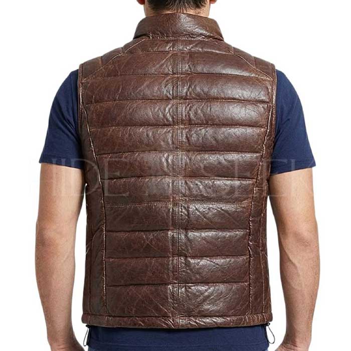 Handmade men's black leather puffer vest with horizontal quilting