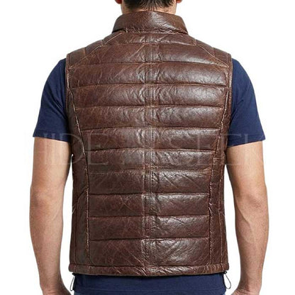 Handmade men's black leather puffer vest with horizontal quilting
