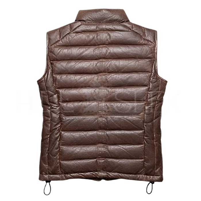Men's insulated leather puffer vest with stand-up collar