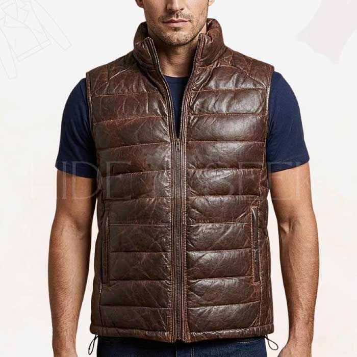 Men's genuine leather puffer vest in quilted lambskin