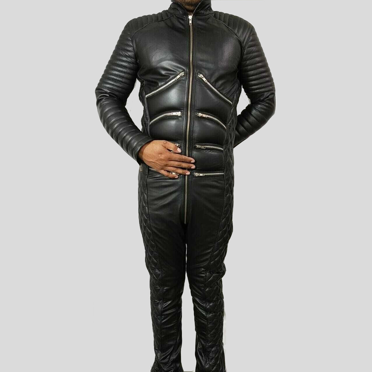 Men's Genuine Leather Quilted Moto Jumpsuit - Padded Jumpsuit