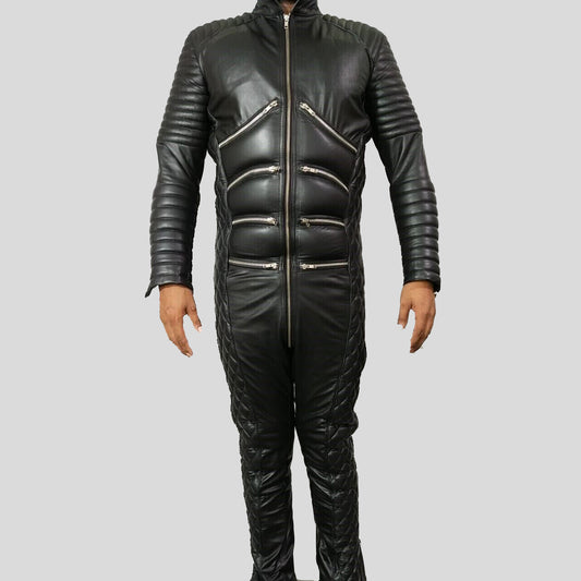 Men's Genuine Leather Quilted Moto Jumpsuit - Padded Jumpsuit - Fashion Leather Jackets USA - 3AMOTO